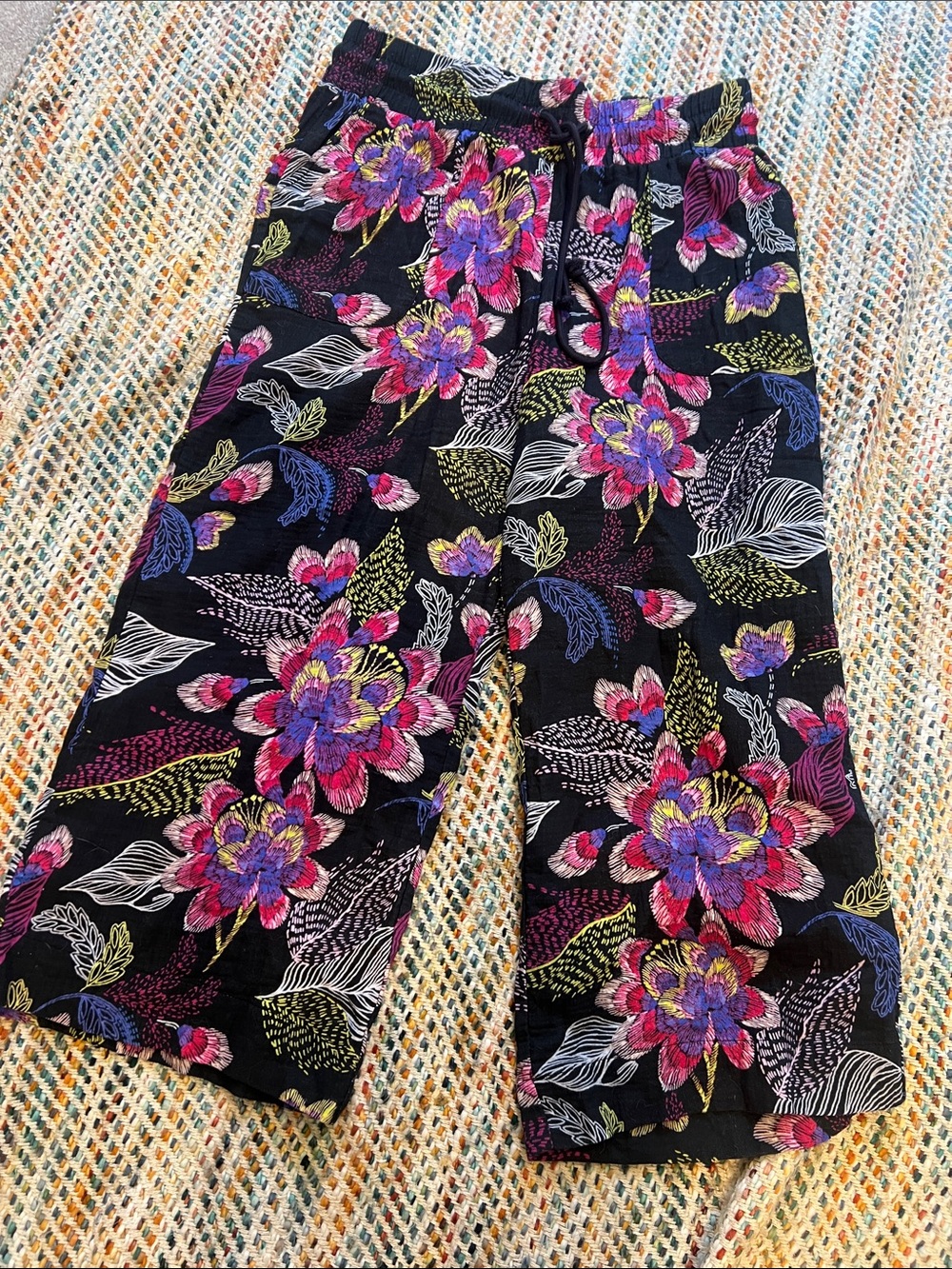 Black Floral Drawstring Pants with Pink & Purple Blooms